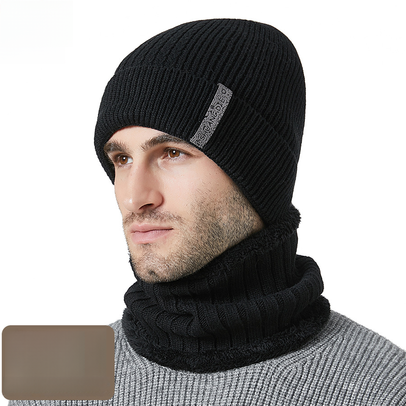 Autumn Winter New Men's Thickened And Scarf Outdoor Fleece-Lined Warm Ear Protection Knitted Hat Two-Piece Set_voghion.com