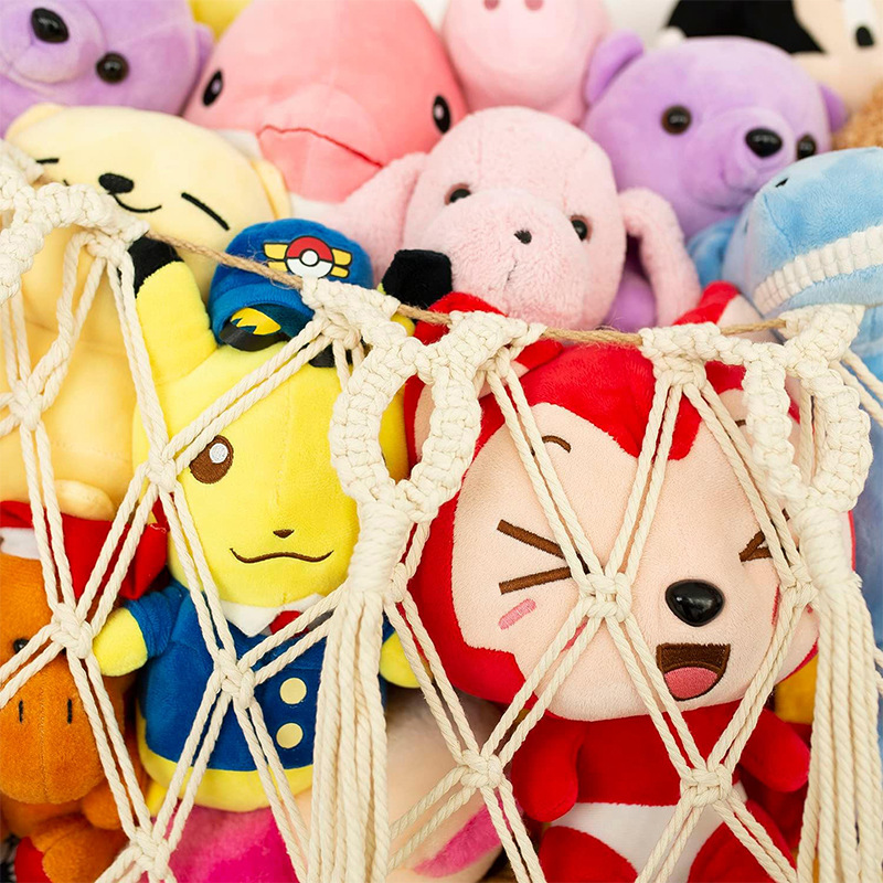 Hamac de rangement de jouets multicolore transfrontalier, corde en coton tissée à la main, poche murale en peluche, pompon décoratif, poche en filet pour jouets_voghion.com