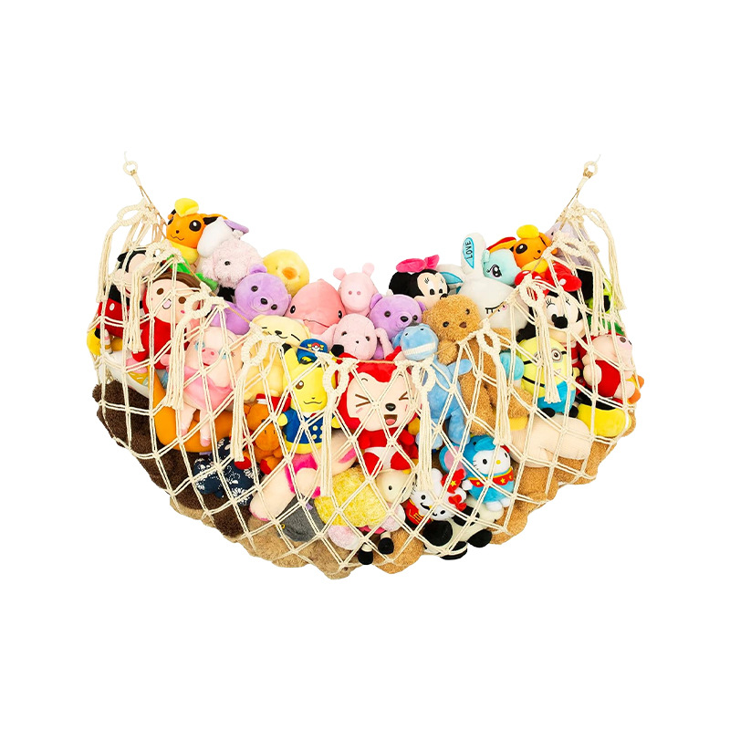 Hamac de rangement de jouets multicolore transfrontalier, corde en coton tissée à la main, poche murale en peluche, pompon décoratif, poche en filet pour jouets_voghion.com