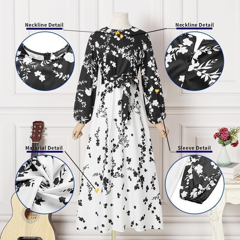 Women's Muslim Street Fashion Commuting Pattern Random Floral Print Contrast Color Design A-hem Lace-up Dress_voghion.com