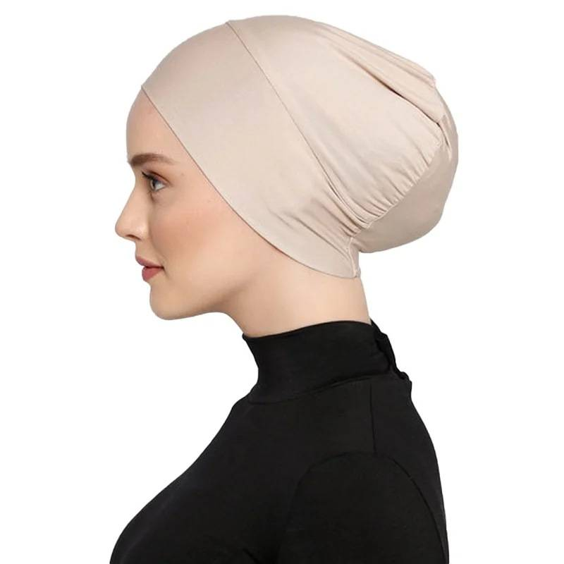 Hijab de color sólido para mujer, de algodón mercerizado modal, con base elástica, transpirable, cómodo, para la cabeza_voghion.com