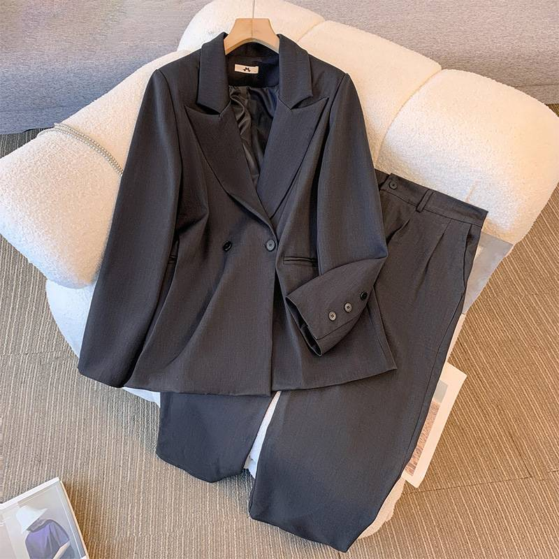 Damenbekleidung Übergrößenanzug Professioneller Zweiteiler Herbst und Winter Neues dickes Mädchentemperament Hochwertiges graues Set_voghion.com
