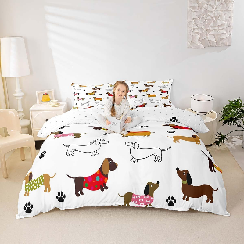 Cute Sausage Dog Duvet Cover Set Double Size For Kids Boys Girls Teens Dachshund Puppy Dog Bedding Set Cartoon Animals Comforter Cover With _voghion.com