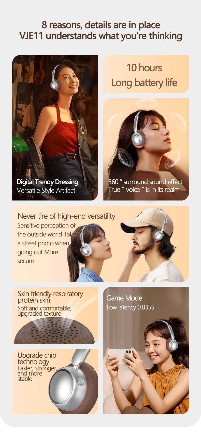 VJE11 Bluetooth Headphones: 10H Long Battery, 360° Surround Sound, Skin-Friendly Protein Leather, Game Mode Ready, Upgraded Chip Tech_voghion.com