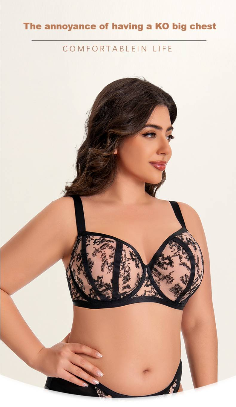 Europäische und amerikanische Dessous in Übergröße für Frauen mit großen Brüsten, kleinen und schlaffen Eigenschaften, geraffter Spitze, großer Körbchengröße, dickem MM-BH_voghion.com