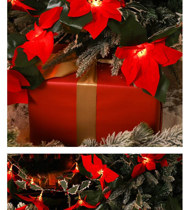 Cordão de Luzes de LED em Forma de Poinsétia – Decoração de Natal com 3M/20 LEDs, a pilhas, com pétalas de tecido inquebráveis (IP42, Branco Quente 2800K)_voghion.com
