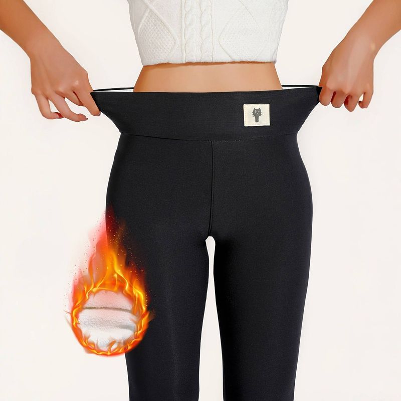 Leggings taille haute en polaire avec chat brodé pour femme – Pantalon thermique d'hiver pour la course et le cyclisme (noir/gris, S-XXL, coupe slim)_voghion.com