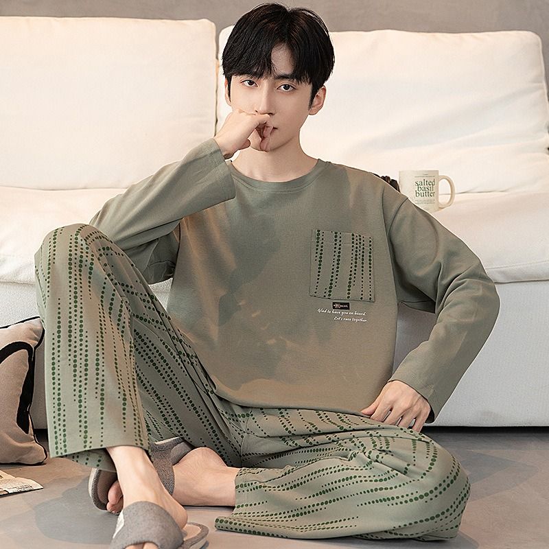 Pajamas Men In Autumn, Cotton Pullover, Long Sleeved, Loose Fit, Plus Size, Men's Home Suit For Autumn_voghion.com