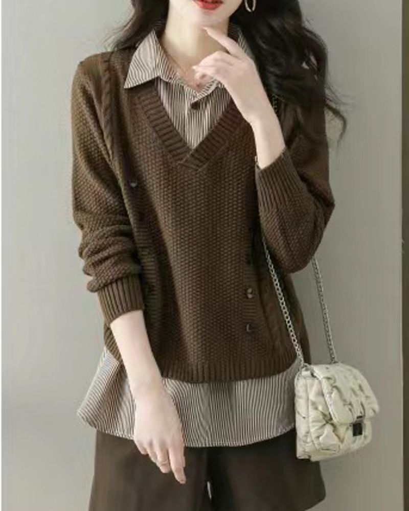 Maglione da donna con colletto impiombato in due pezzi lavorato a maglia per la nuova primavera e autunno 2025, intimo e capispalla_voghion.com