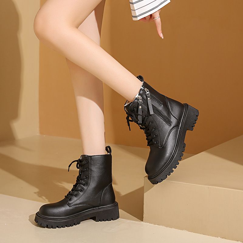 Vendita calda scarpe da donna con lacci autunno punta rotonda piattaforma solida impermeabile barile corto grande taglia nudo_voghion.com