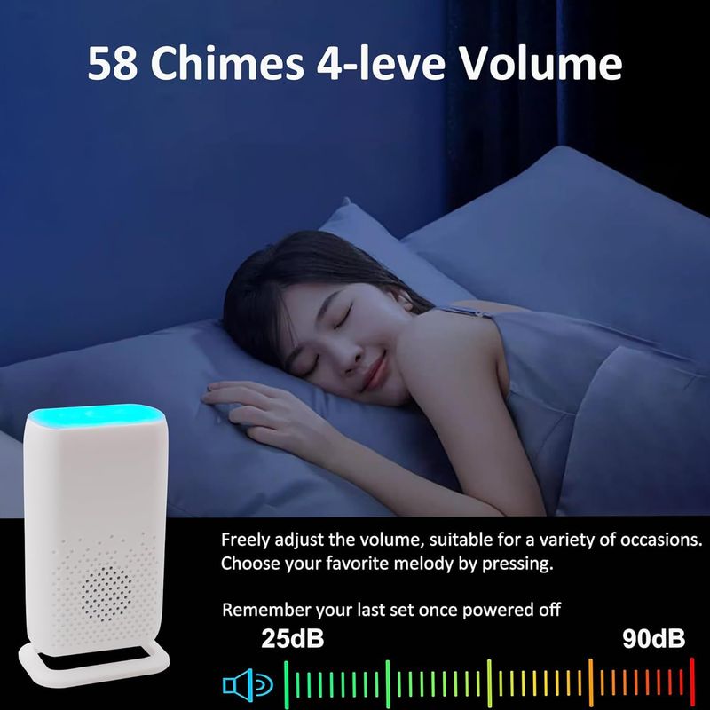 Timbre inalámbrico con 58 timbres, LED intermitente de colores y alerta por vibración. Alimentación CC de 5 V. Ideal para el hogar y el cuidado de personas mayores (botón rojo/azul opcional)._voghion.com