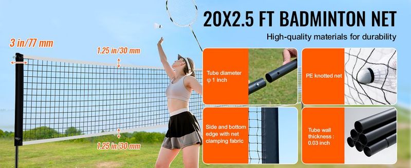 VEVOR Badminton Net Set, Outdoor Backyard Beach Park Badminton Net, Portable Badminton Equipment Set, Adults Kids Badminton Net With Poles, Carrying Bag, 4 Iron Rackets, And 3 Nylon Shuttlecocks_voghion.com