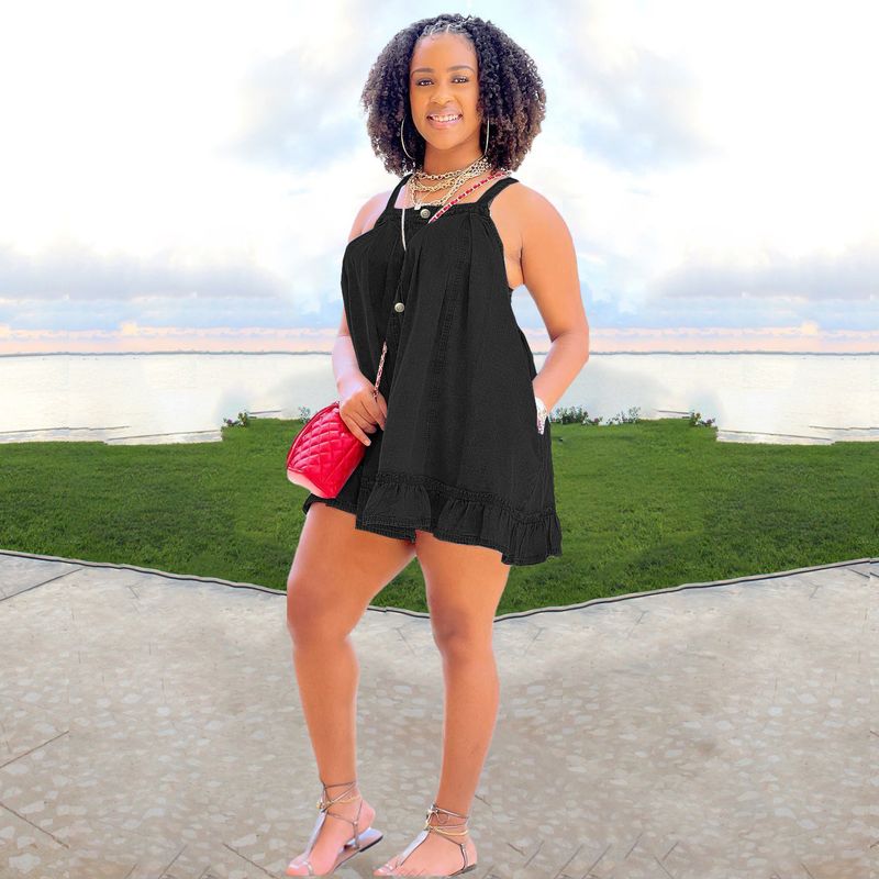 Women's Denim Dress - Square Neck Strappy Button Pocket Loose Fit Ruffled Hem Washed Denim Skirt_voghion.com