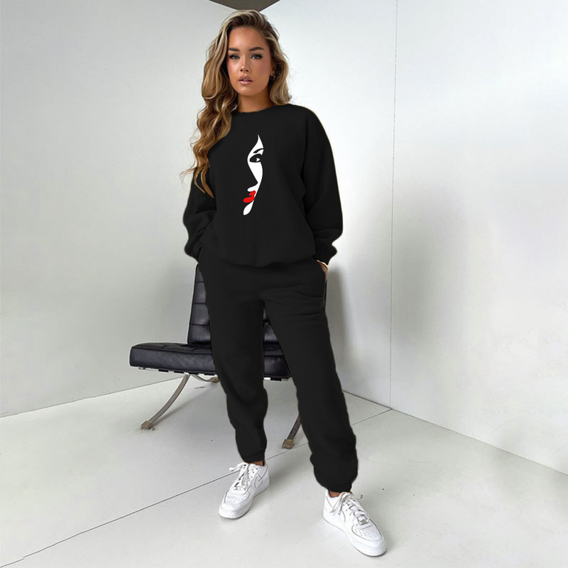 Zweiteiliges Damen-Set mit bedrucktem Kapuzenpullover und Rundhalsausschnitt_voghion.com