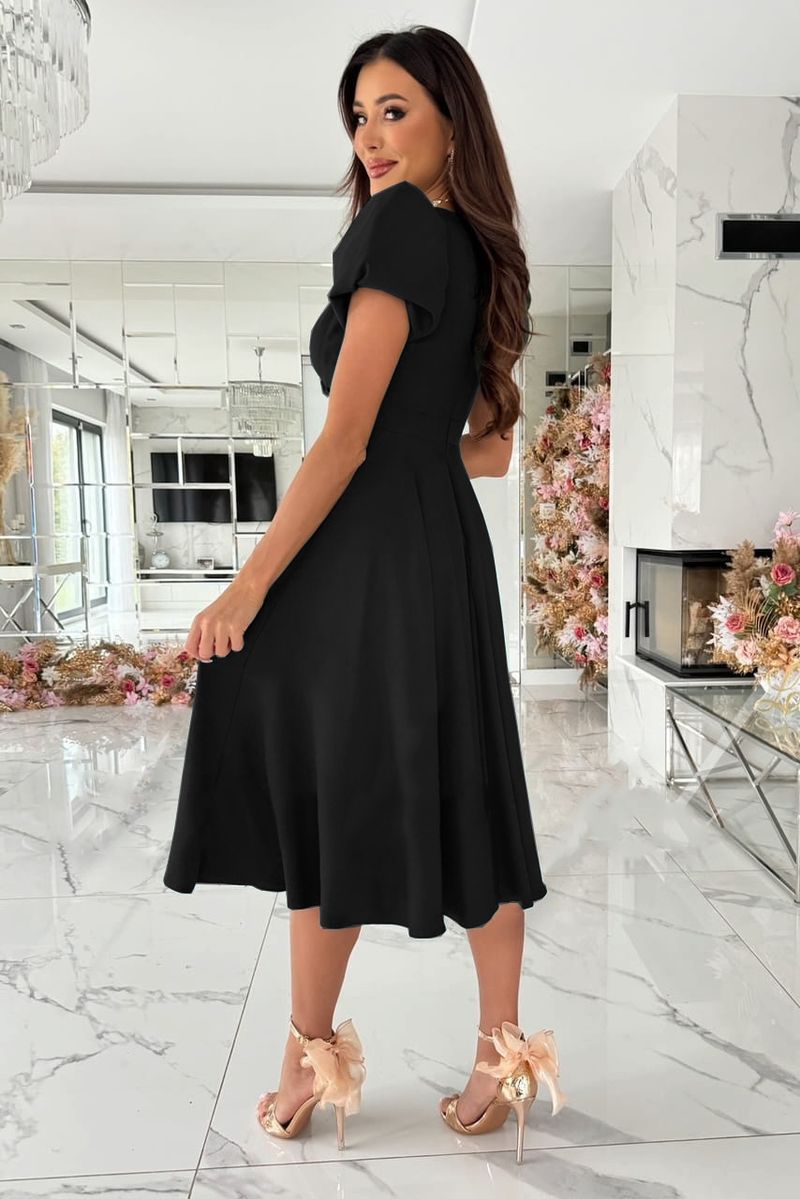 Rochie de damă nouă pentru navetiști, culoare solidă, cu decolteu în V, talie înaltă, mâneci bufante, lungă și scurtă, model leagăn_voghion.com