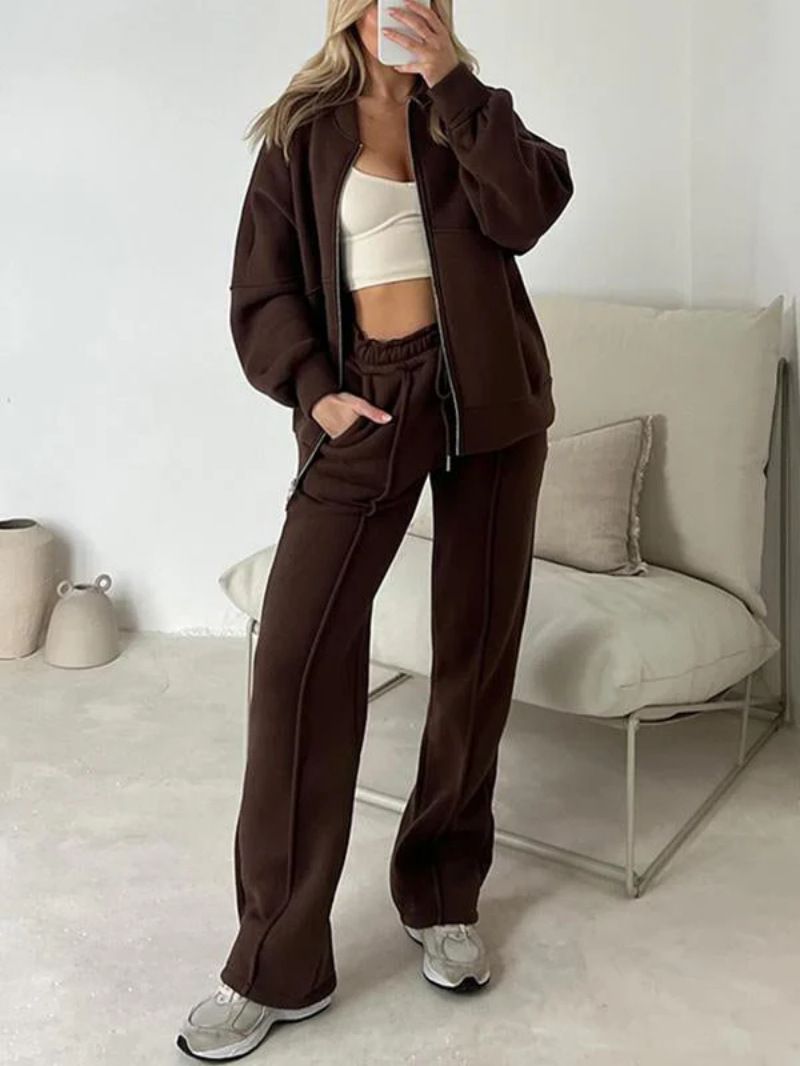 Damenbekleidung Neue Mode Freizeitanzug Einfarbig Langarm Sweatshirt Reißverschluss Hose Zweiteiliger Anzug_voghion.com