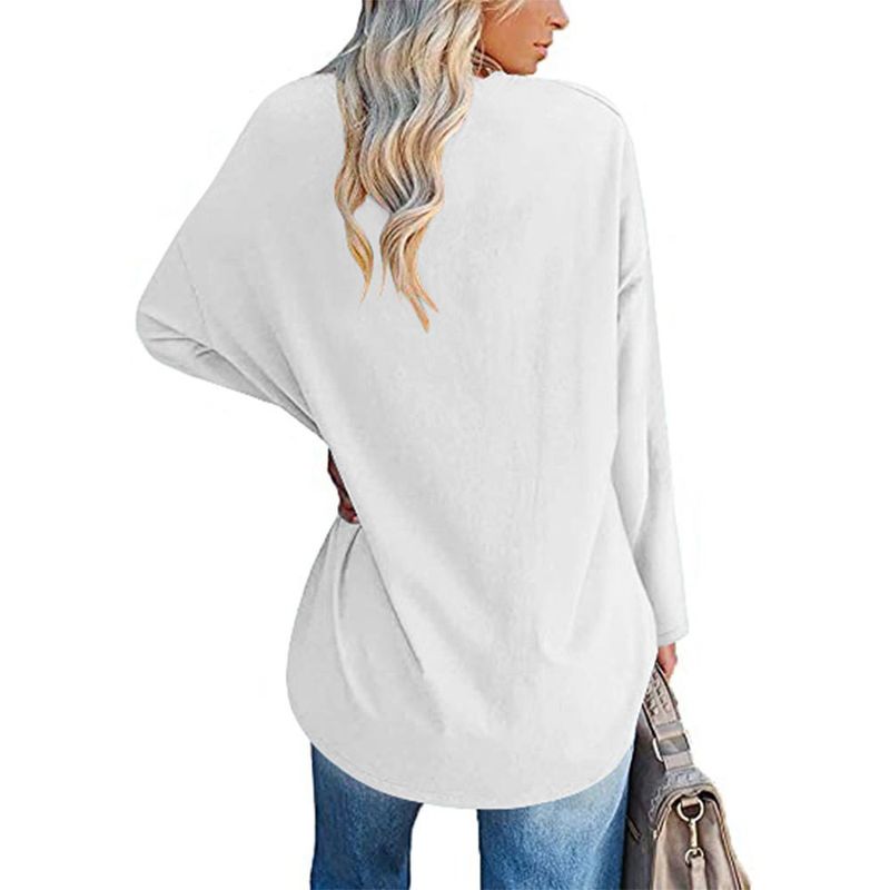 Camiseta extra grande, nova, solta, ombro caído, decote em V, cor sólida, top feminino, manga comprida_voghion.com