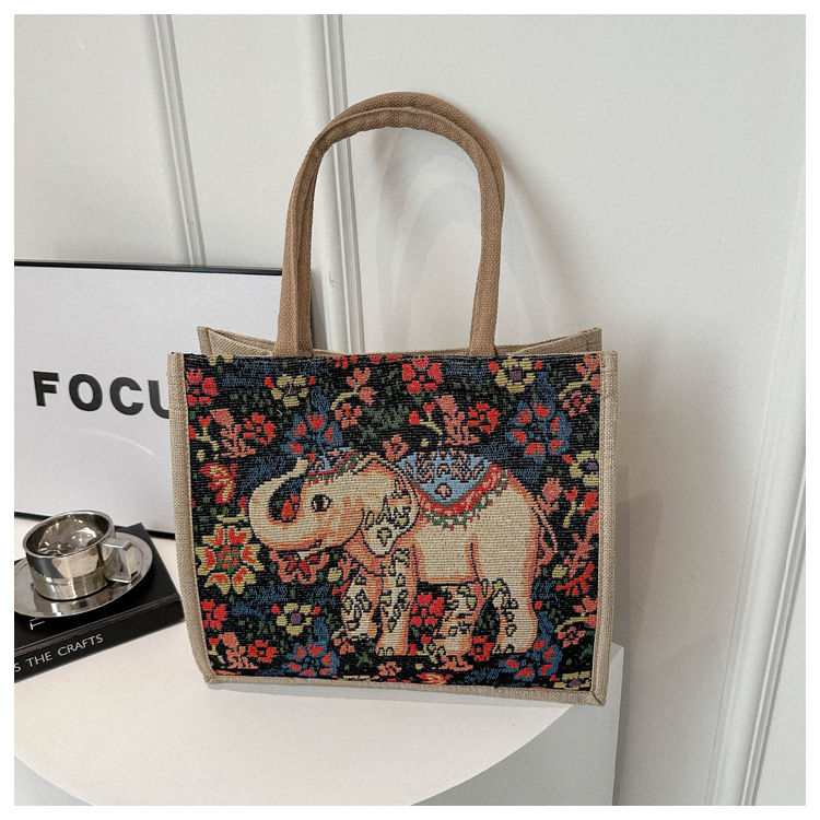Ethnic Style Cartoon Elephant Xishuangbanna Tourism Handbag, Women's Shoulder Bag, Embroidered Canvas Bag_voghion.com
