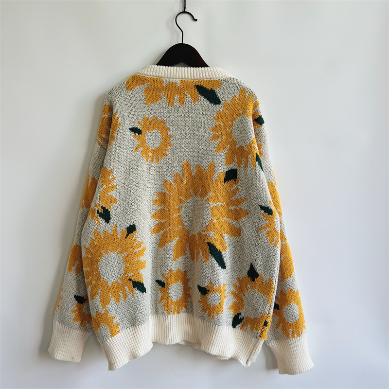 Neue Herbst- und Winteroberteile, Sonnenblumen-Jacquard-Rundhalsausschnitt, langärmeliger Strickpullover_voghion.com