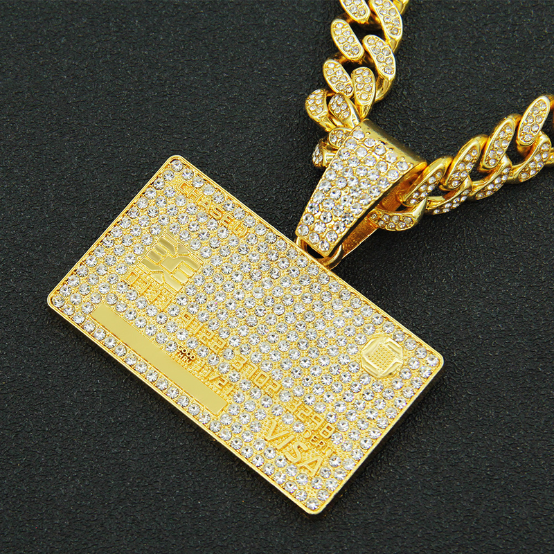 Men's Hip Hop Full Iced Out Credit Card Pendant Necklace With 13mm Width Cuban Chain Gold Color Necklaces Charm CZ Jewelry Gift_voghion.com