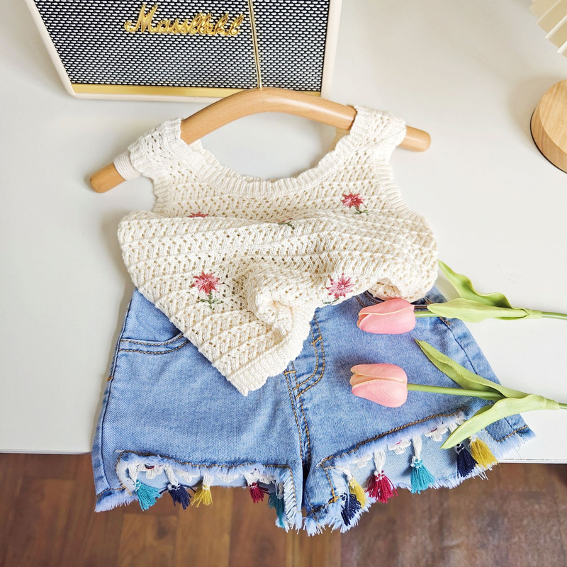 Ropa para niños, chaleco tejido nuevos con lazo para niñas de verano 2024, falda vaquera con estilo love_voghion.com
