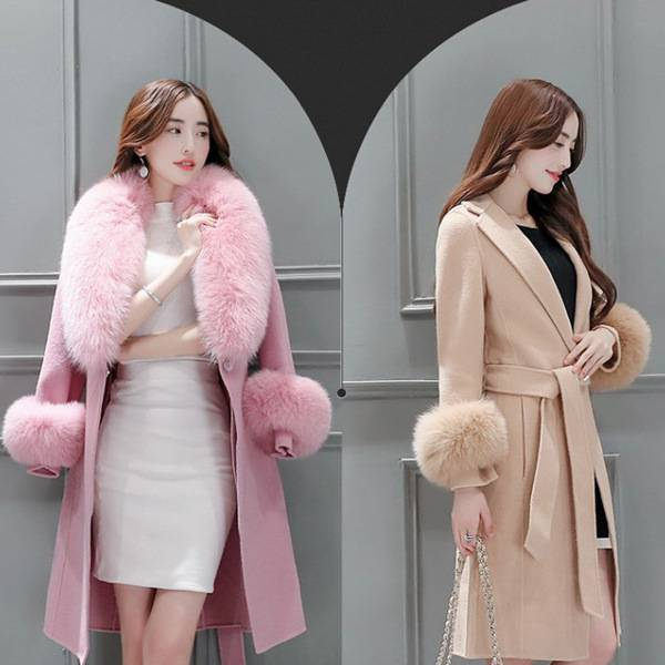 Roupas femininas casaco de lã comprimento médio inverno ajuste fino renda grande gola de pele casaco de lã com gola de pele removível_voghion.com