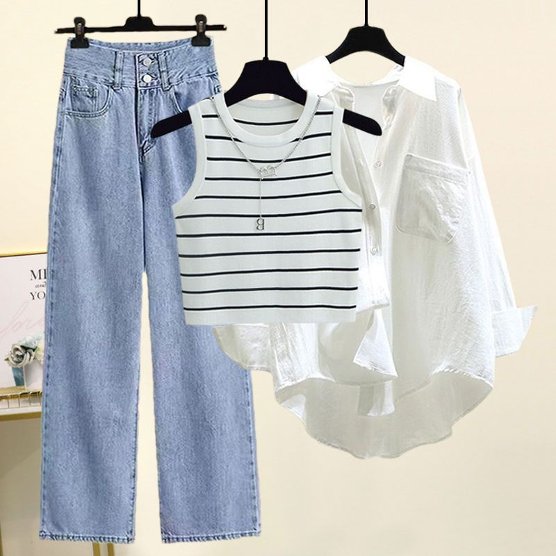 Women's Clothing New Large Size Shirt Top With Striped Vest And Jeans Three Piece Suit_voghion.com