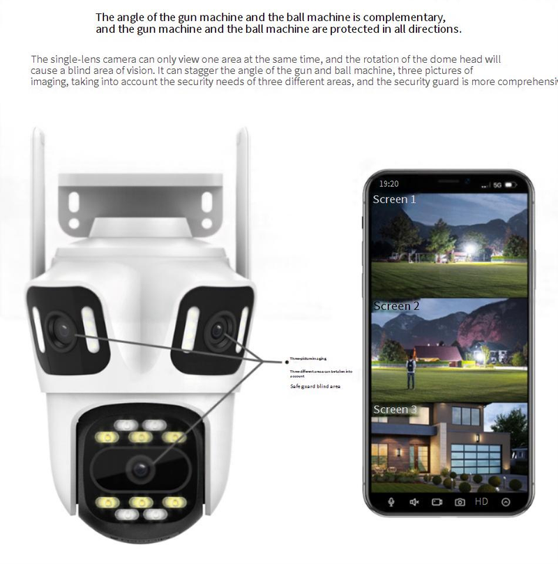 Cámara de seguridad de triple lente de 8 MP: vista panorámica de 360°, pantalla dividida en 3 direcciones, visión nocturna a color, resistente al agua IP66_voghion.com