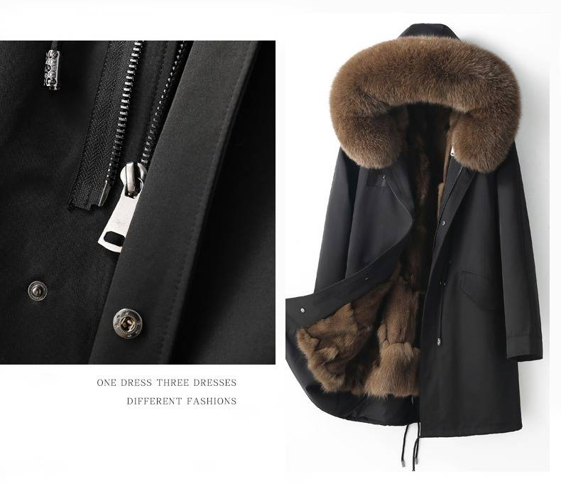 Parka de piel de zorro desmontable para hombre: abrigo de invierno con capucha y forro extraíble (M-6XL, corte entallado, cortavientos, cierre de cremallera)_voghion.com