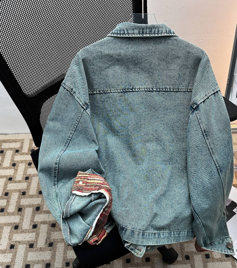 Herrenbekleidung Retro-Jeansjacke mit kariertem Revers – Unisex-Vintage-Stil (Blau, Größen M-3XL)_voghion.com