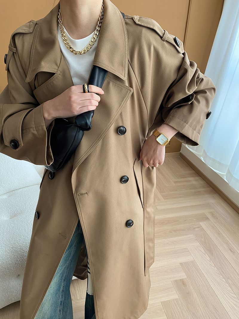 Trench lungo doppiopetto minimalista di lusso da donna, antipiega, per autunno inverno_voghion.com