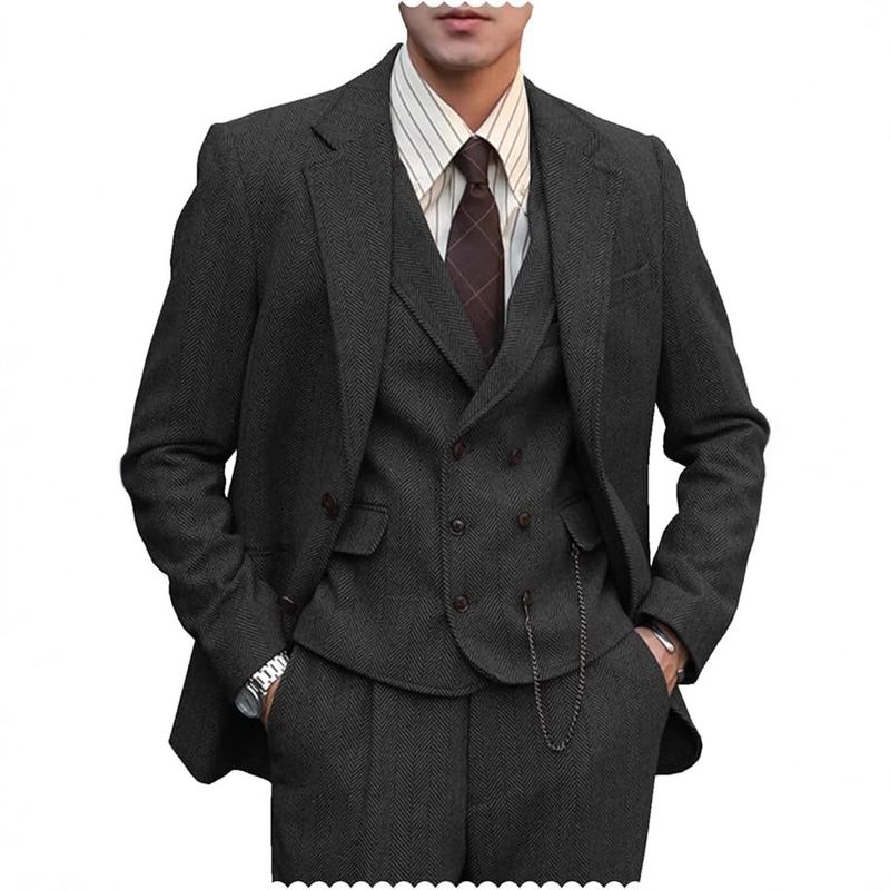 3-teiliges Slim Fit-Anzugset für Herren mit Fischgrätenmuster – Business-Casual-Blazer, Weste und Hose für Hochzeit, Party und Büro_voghion.com