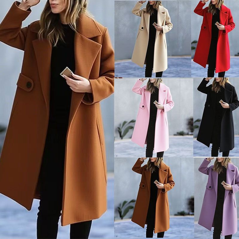 Women's Plus Size Wool Blend Coat Winter Trench Coat With Pockets, Loose Fit Long Sleeve Overcoat For Street Fashion_voghion.com