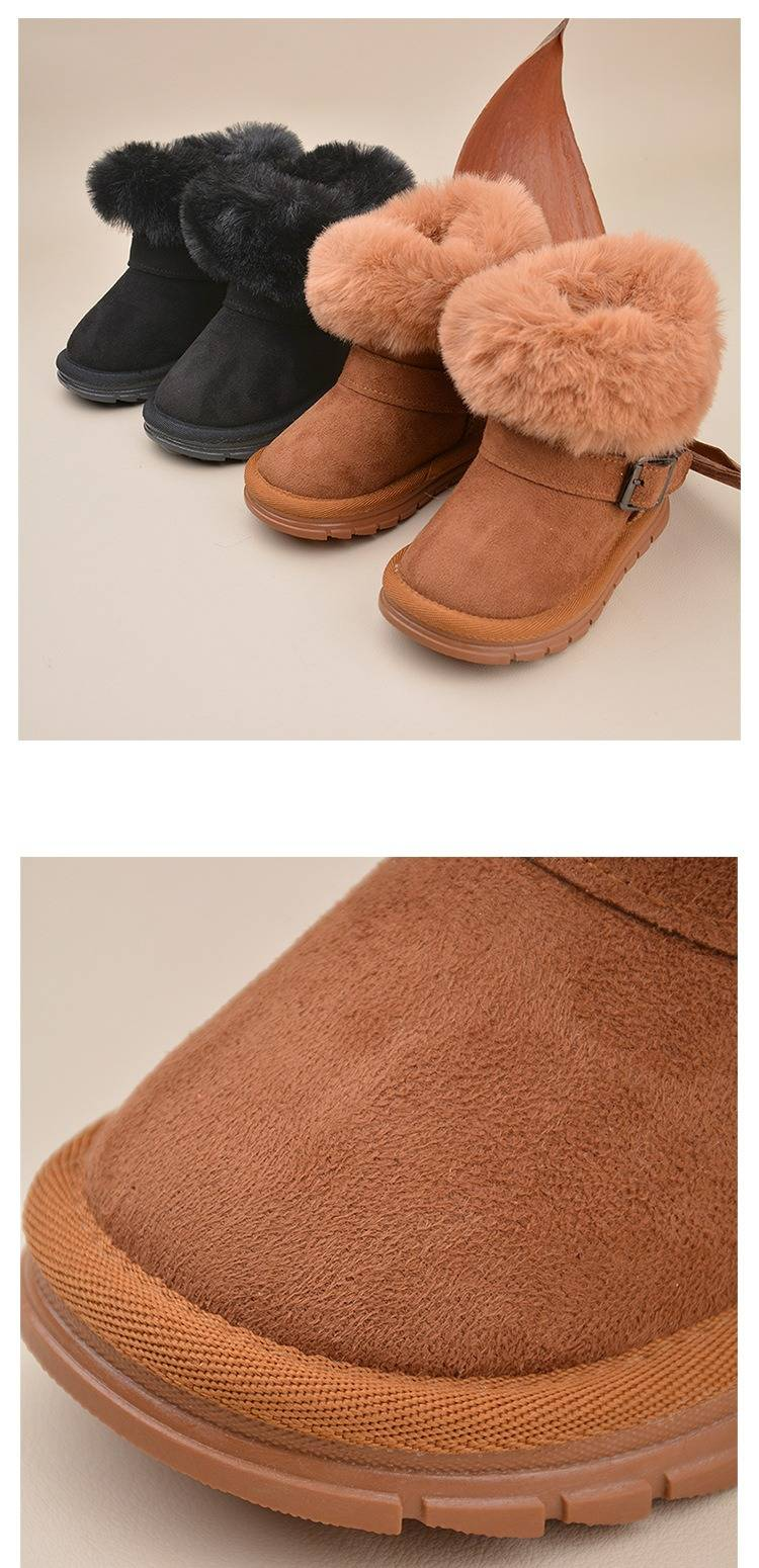 Bottes d'hiver à boucle pour enfants – Bottes de neige en daim doublées polaire avec brides réglables, semelle souple pour garçons et filles (noir, camel, pointures 22 à 27)_voghion.com
