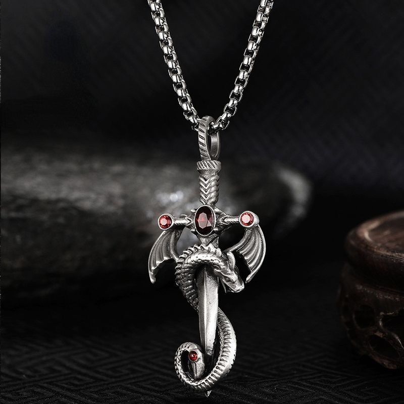 Hot sales Vintage Sier Color Dragon Sword Cross Pendant voor mannen Vrouwen Goth Punk Lange Ketting Hip Hop Sieraden_voghion.com