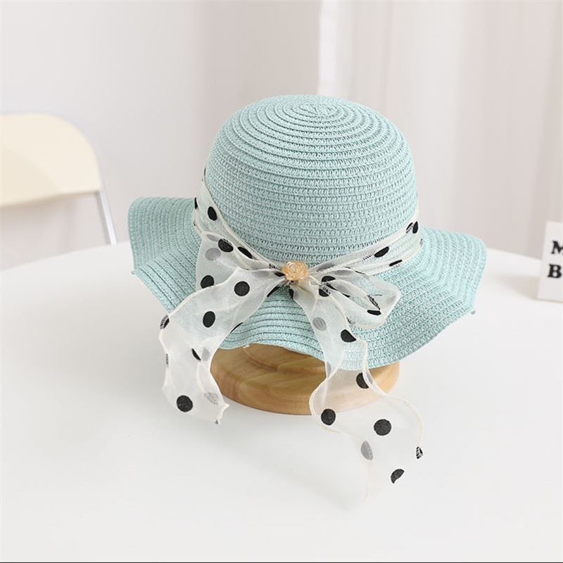 Nuovo set di cappelli e borse parasole con fiocco coreano a pois e onde di paglia per bambini, dolce e carino_voghion.com