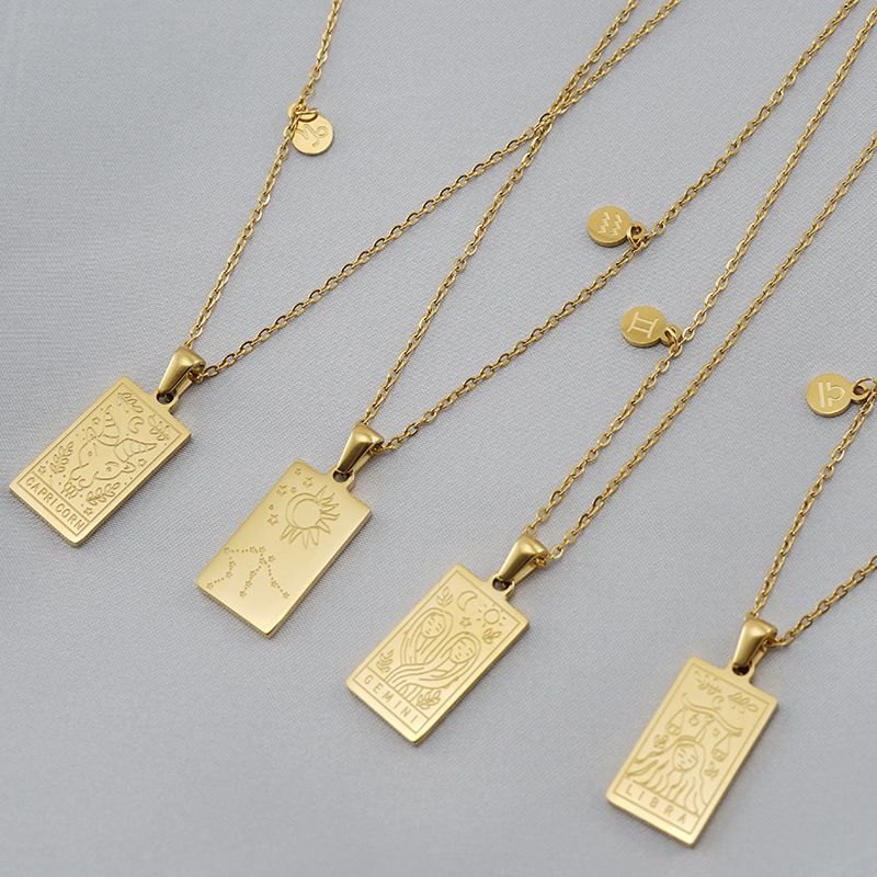 Edelstahl 12 Konstellation Halskette weiblich K Gold Quadrat Zwölf Konstellation Titan Stahl Anhänger Schlüsselbein Kette_voghion.com