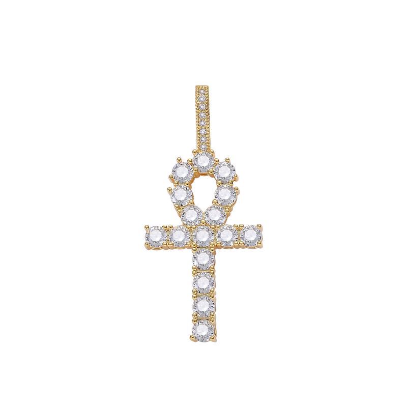 Collana da uomo con ciondolo a forma di croce egizia Ankh con micro pavé di zirconi e catena cubana da 4 mm in stile hip-hop_voghion.com