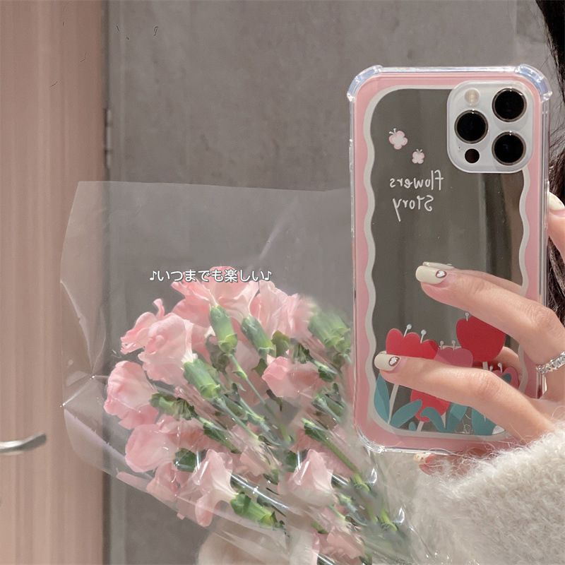 Tins Early Spring Tulip Makeup Mirror Mirror Phone Case Suitable for 15/14/13/12/11/X Series_voghion.com