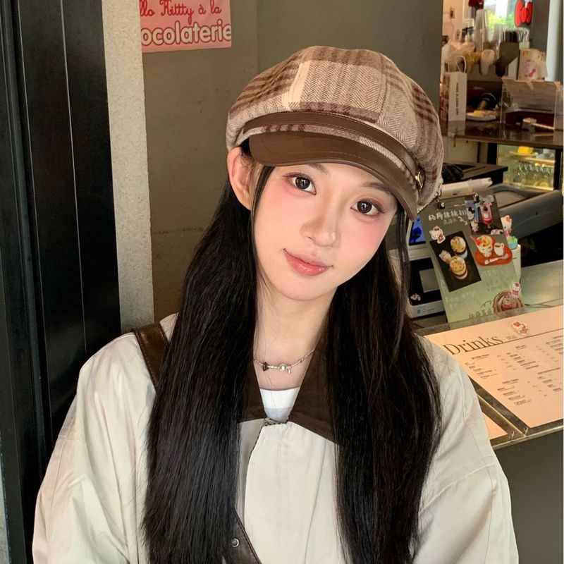 Cappello ottagonale in stile britannico in pelle PU patchwork scozzese, alla moda, elegante, versatile, caldo, berretto da newsboy in lana_voghion.com