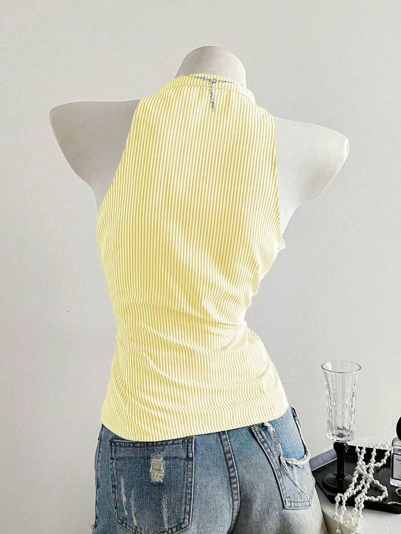 Camicia senza maniche a righe con spalle scoperte, per donna, estiva, dal design aderente, con scollo all'americana e corto in chiffon_voghion.com
