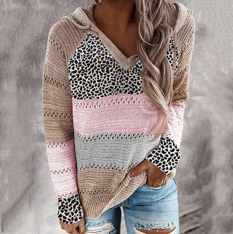 Roupas femininas New Wish Outono e Inverno Listrado Com Capuz Suéter Estampa Leopardo_voghion.com