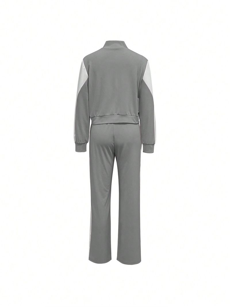 Spring Autumn Women's Fashionable Comfortable Color-Block Sports Style Zipper Jacket And Casual Long Pants Two-Piece Set_voghion.com