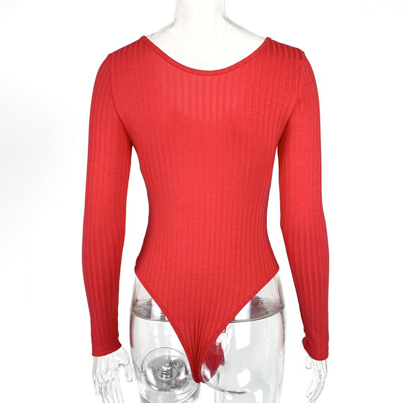 Kvinders sexet slim-fit V-hals ensfarvet langærmet base jumpsuit_voghion.com