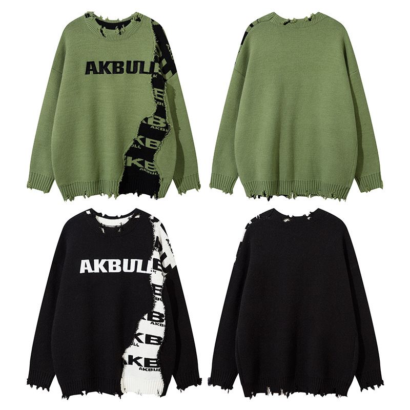 AK Herrenbekleidung Herbst Winter Neue Langarm Trendy Marke High Street Unregelmäßiger Patchwork Ausgefranster Bestickter Buchstabe_voghion.com