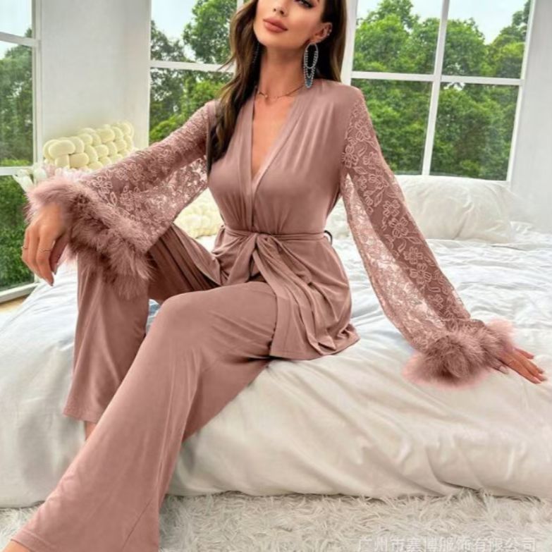 2025 New Style Patchwork V-Neck Pajama Robe Set For Home Wear, Can Be Worn Outside_voghion.com