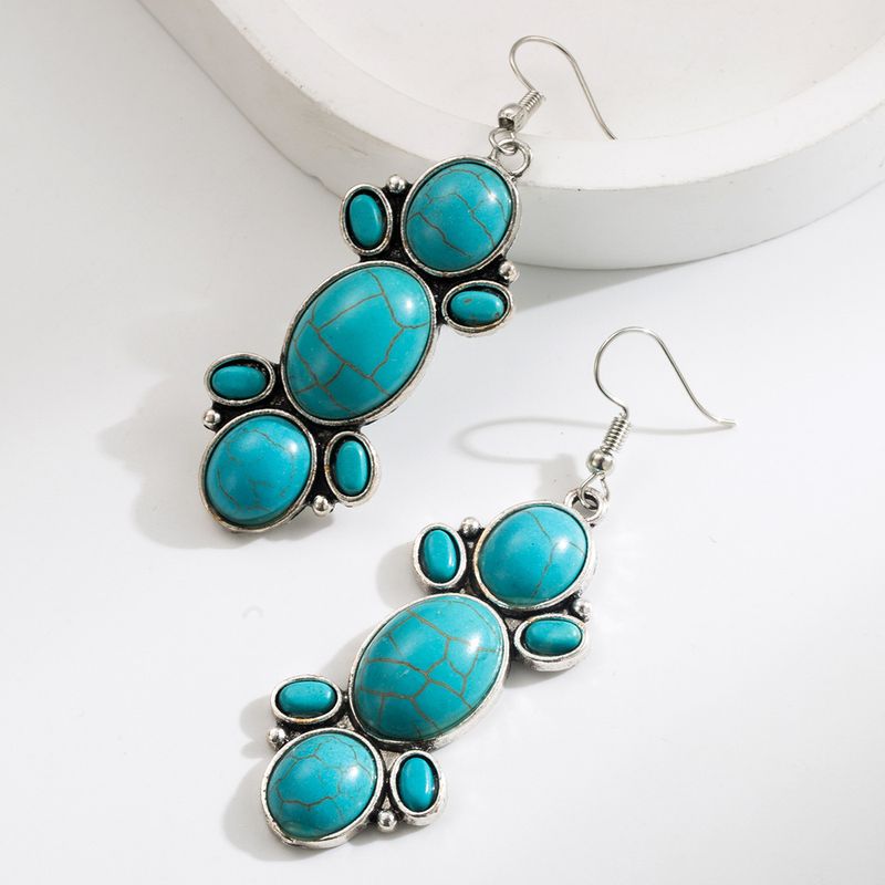 Creative New Ethnic Style Alloy Antique Silver Plated With Diamond Inlaid Turquoise Geometric Pendant Earrings For Women_voghion.com