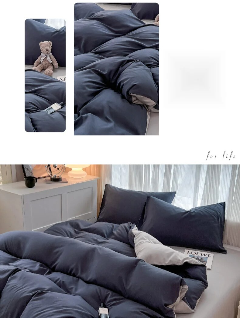 Juego de cuatro piezas de color sólido, funda nórdica cepillada lavada simple, ropa de cama de primavera para dormitorio de estudiantes de estilo moderno_voghion.com
