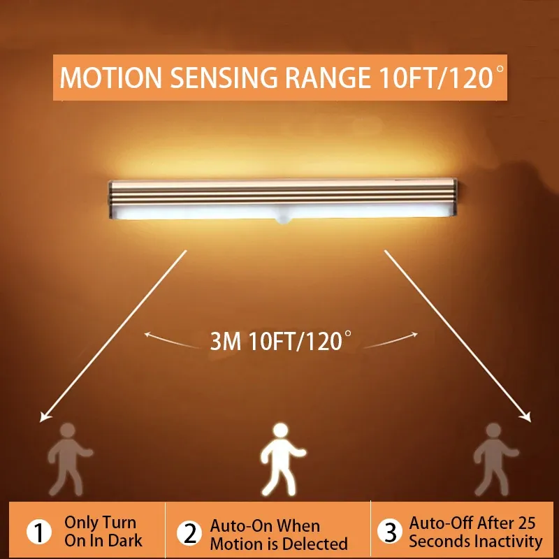 Sensore di movimento notturno Lampada a LED Wireless TYPE-C Ricaricabile Lampada da armadio per armadio Retroilluminazione per scale per cucina _voghion.com