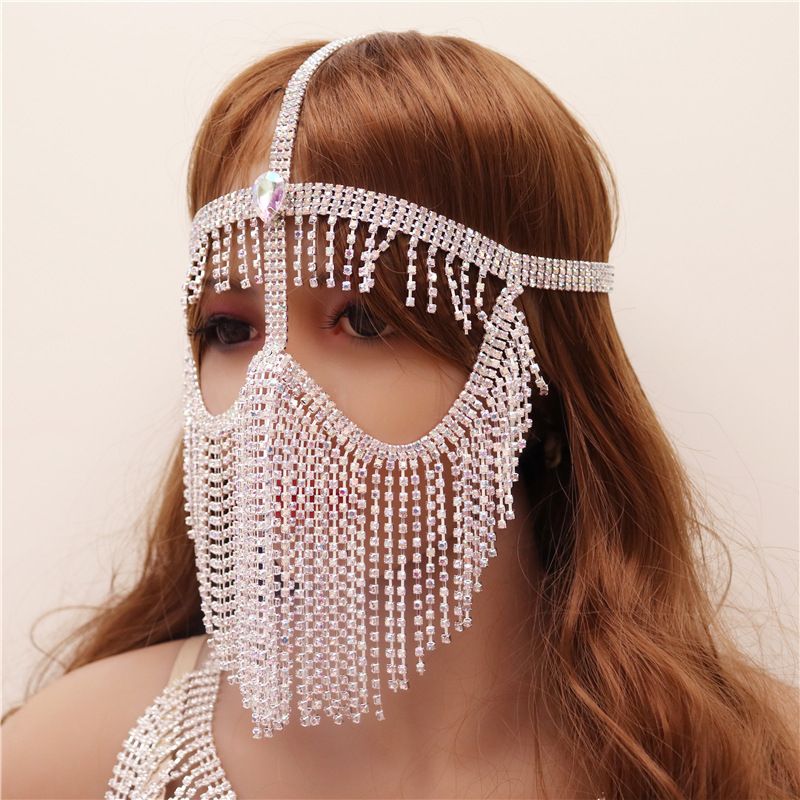 Bauchschleier aus Metall mit Diamantkette, Bühnen- und Nachtclub-Maske für den indischen Tanz, Kopfbedeckung im Western-Stil, Gesichtsbedeckung für Frauen_voghion.com